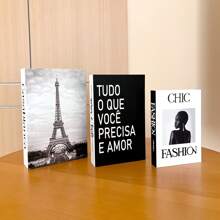 Juego de 3 cajas decorativas de almacenamiento de lujo, cajas de exhibición abiertas para llaves, controles remotos, decoración de escritorio, organización de archivos de oficina - Diseño de libros falsos - Blanco y Negro - Ver 4