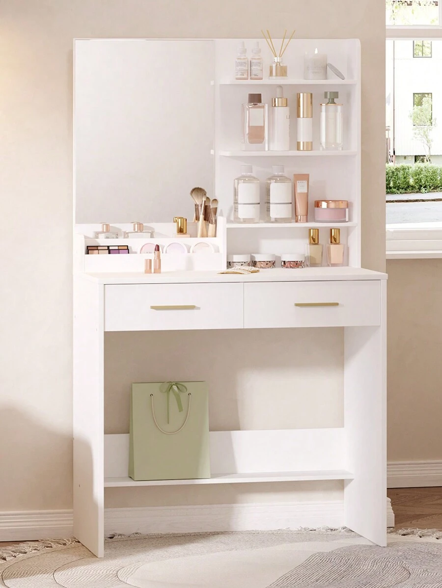 HEXCELEN Tocador, Mesa de Maquillaje con Espejo Grande, tocador de Maquillaje con 4 estantes Abiertos y 2 Compartimentos, 2 cajones, para Dormitorio, salón, Blanco - Blanco - Ver 1