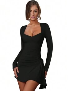 SEBOWEL Sexy V Neck Side Drawstring Mini Dress, Elegant Women Ruched Bandage Bodycon Clubwear Party Black Dresses Spring Summer