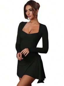 SEBOWEL Sexy V Neck Side Drawstring Mini Dress, Elegant Women Ruched Bandage Bodycon Clubwear Party Black Dresses Spring Summer