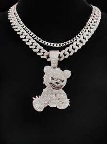 Set de 2 piezas Collar con colgante de acero inoxidable con decoración de strass, 1 pieza Collar con colgante en forma de oso - Collar hip hop, adecuado para uso casual o fiestas