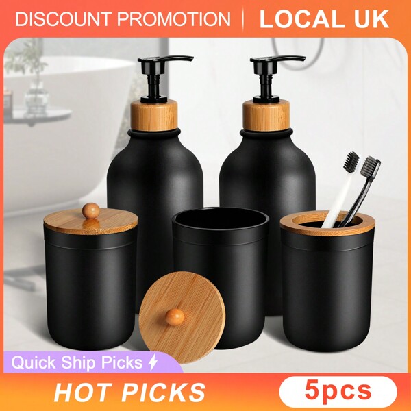 5 Pcs Black Bathroom Accessories Set With Plastic Soap Dispenser And Toothbrush Holder Set, Qtip & Cotton Ball Holder, Black Bathroom Set, Boho Bathroom Decor Bathroom Organizer Storage Back To School