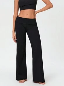 Women Y2k Palazzo Yoga Pants Fold Over Flare Leggings Low Rise Solid Color Stretch Casual Wide Leg Pants Comfy Lounge Pants Bootcut Bell Bottoms Baggy Sweatpants Streetwear