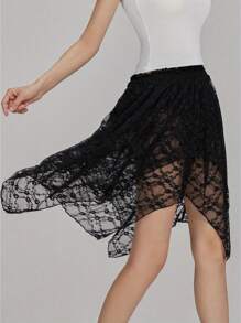 Minifaldas de verano para mujer, con dobladillo irregular y encaje floral, para uso diario, viajes y fiestas. - Negro - Ver 8