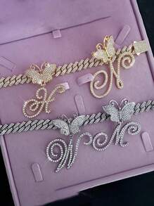 银色女士项链 A-Z 首字母个性化嘻哈经典蝴蝶字母吊坠链项链和手链套装饰物 26 个幸运字母，适合男女日常佩戴情人节时尚珠宝礼物，妈妈，母亲，母亲节，礼物 - 蝴蝶型 - 查看 6