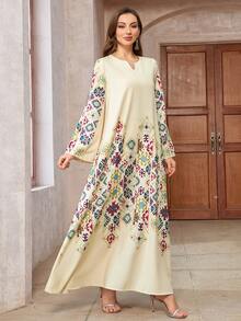 V-Neck Dress, All-Over Placement Print, Thick Soft Four-Way Stretch Fabric, Elegant Luxurious Arabic Style Abaya,Modest