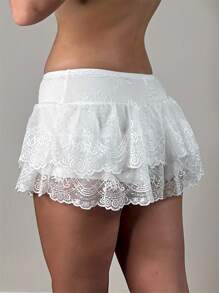 Women's Summer Casual Skirt Solid Color Low Waist Lace Ruffled Skirt With Lined Shorts - White - View 3