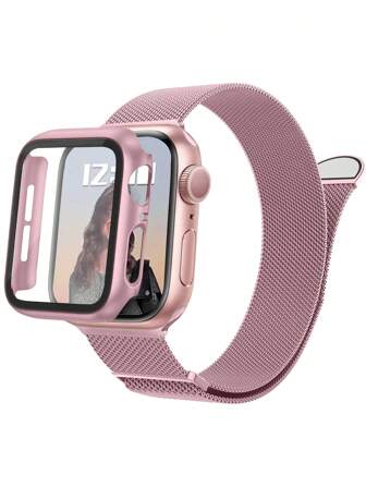 1 套时尚 3 合 1 磁性不锈钢米兰尼斯表带和表壳膜，双排水晶手表保护壳兼容 38 毫米 40 毫米 41 毫米 45 毫米 44 毫米 42 毫米 46 毫米 49 毫米兼容 Ultra 系列 Ultra 9 8 7 6 5 4 3 2 1 SE 系列 10，舒适透气替换表带，防刮、防水、防震手表保护壳，适用于男女