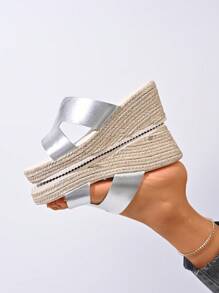 Casual Outdoor Fashion H-Shaped Felt Comfort Lining Elegant Thick Sole Woven Straw Slip-On Sandals