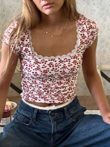 Women's Summer Casual Short Tops Short Sleeve Square Neck Lace Trim Flower Print T-Shirt - Color - View 5