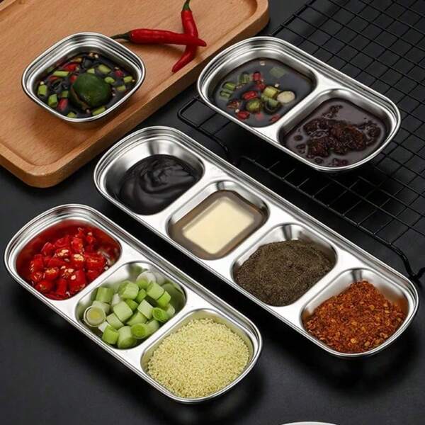 1PC Stainless Steel Sauce Dish 1/2/3/4-Grid Soy Dipping Plate For Condiments, Seasonings, And Ketchup, Durable Dipping Bowls For Home, Kitchen, Restaurant, And Hotel Use, Versatile Tableware Accessories For Serving Sauces, Snacks, And Appetizers, Elegant Kitchen Supplies