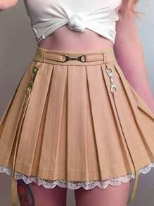 Women Girls Gothic Skirt High Waist Y2K Lace Pleated Skirt Suspender Mini Skirt A-Line Flared Short Skirt Harajuku Skirt - 卡其色 - 查看 2