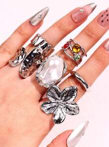 Bộ 6 chiếc/bộ thời trang tối giản tinh tế cao cấp thanh lịch độc đáo sáng bóng sang trọng hình học hoa đá quý nhiều màu sắc cho phụ nữ, trang sức đeo hàng ngày - Nhiều màu - Xem 6