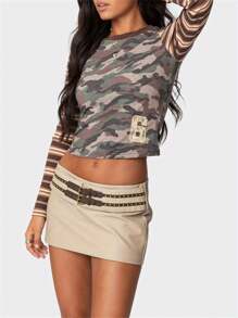 Women Crop Tops Summer Camouflage Print Striped Long Sleeve Shirt For Club Streetwear, Aesthetic Grunge Clothes - Màu Khaki - Xem 6