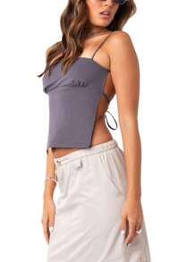 Womens Summer Mini Skinny Sling Vest Solid Color Sleeveless Backless Tie Up Crop Tops - Grey - View 2