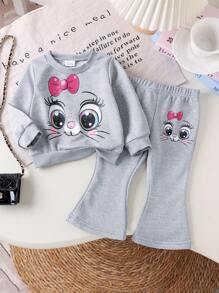 2pcs Baby Girl Cute Cat Cartoon Print Sweatshirt & Flared Long Pants Set, Spring Autumn - Grey - View 1