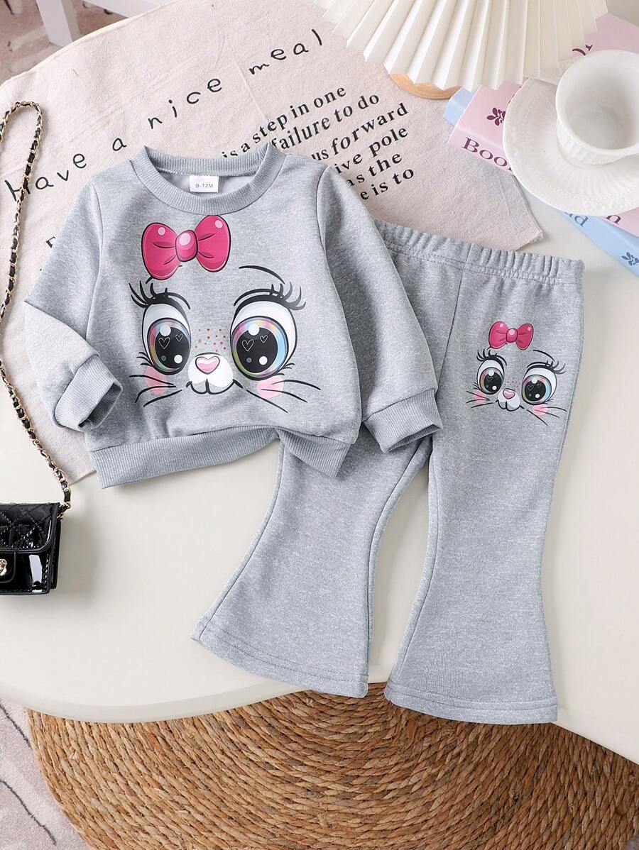 2pcs Baby Girl Cute Cat Cartoon Print Sweatshirt & Flared Long Pants Set, Spring Autumn - Grey - View 1