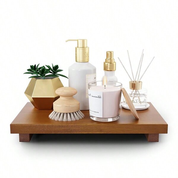 1 bandeja de madeira natural, decoração rústica para casa, bandeja de madeira multiuso, segura para alimentos, sabonete, toalha, enfeites, vela, difusor, vaso, joias, adequada para banheiro, penteadeira, armazenamento, área externa, festa, presente de casamento e decoração para banheiro em ocasiões especiais, volta às aulas
