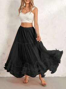 Womens Tulle Long Skirts Elastic High Waist Ruffle Hem Tutu Skirts Fluffy A-Line Midi Skirts