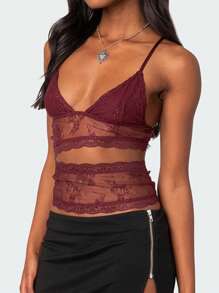 Women Lace Sheer Camisole V-Neck Spaghetti Strap Sheer Vest Slim Fit Cutout Show Navel Tank Tops - Đỏ - Xem 1