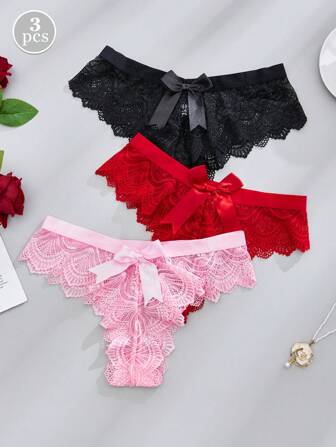 3pcs/Pack Women Lace Bowknot Thong Underwear, Sexy