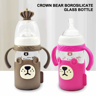 1个180毫升玻璃吸管奶瓶，适合3个月以上宝宝，皇冠熊防滑硅胶套吸管杯，耐热玻璃奶瓶，双手柄宽口易清洗，十字形奶嘴吸吮顺畅，清晰的测量刻度，适合节日、生日礼物、新生儿礼物