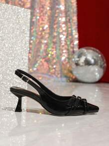 Sexy & Fashionable Square Toe High Heel Pumps With Enamel Heel And Back Strap, Black Color For Women - Black - View 5