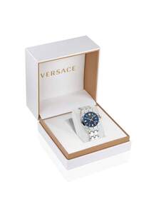 Versace Greca Time GMT Quartz Watch For Men Bracelet Watch Men's Watches Stainless Steel, 41 Mm Blue Dial,Sapphire Crystal, VE7C00523