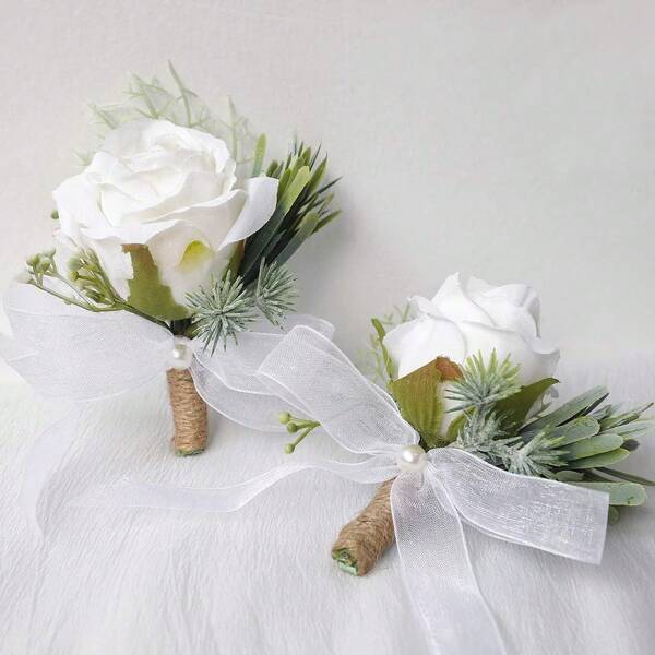 Boutonnieres de rosas brancas marfim para homens casamento, corpete artificial para baile, boutonnieres de noivos e padrinhos para cerimônia, jantar formal, casamento rústico de outono, arranjo floral de boas-vindas, decoração de rama, decoração de casamento, decoração de casa, lembrancinhas de festa de decoração de quarto noiva