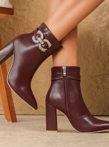 Women's Autumn/Winter Burgundy PU Material Metal Rhinestone Embellished Thick High Heel Boots Ankle Boots For Date Outing Minimalist Style