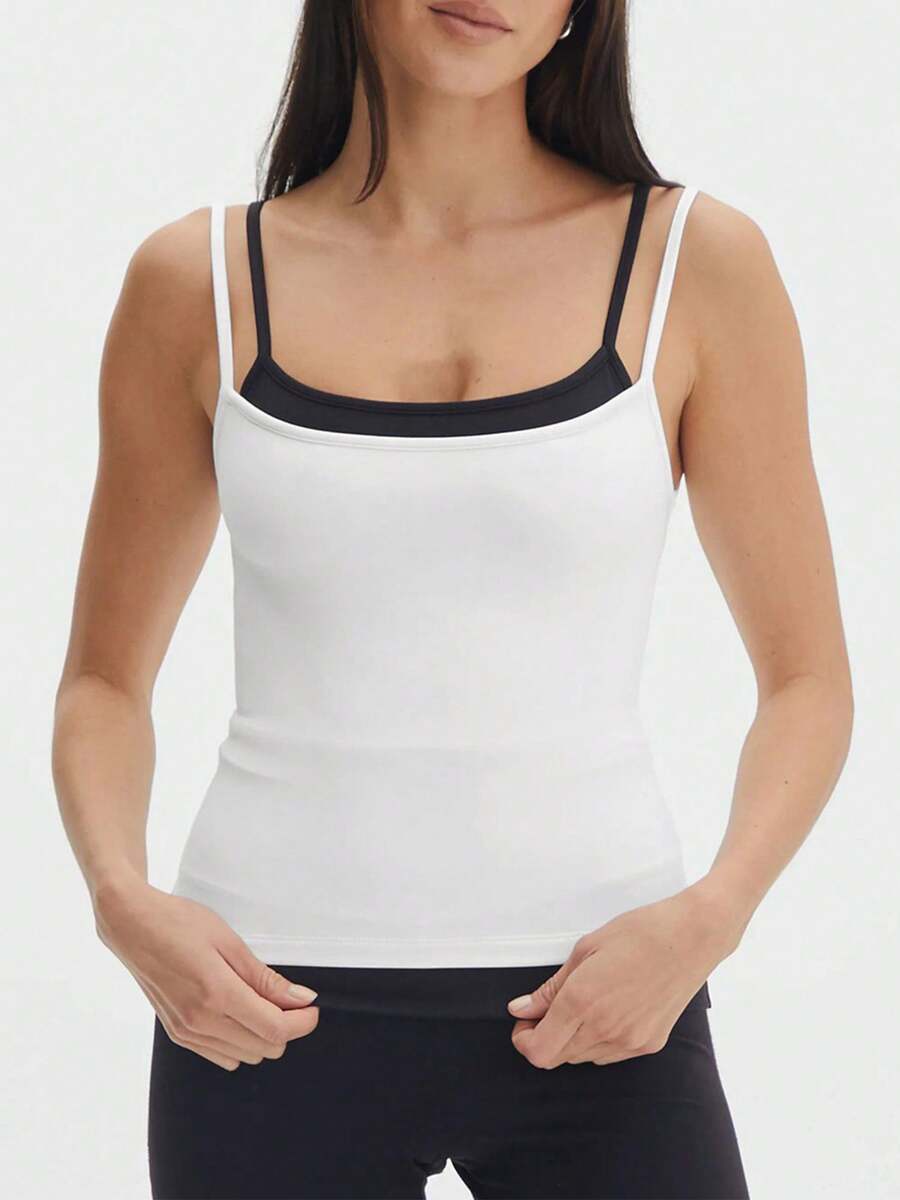 Women Double Spaghetti Strap Camisoles Fake Two-Pieces Sleeveless Backless Tank Tops Summer Vests Tops Streetwear - White - View 1