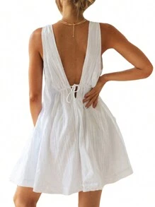 Women Summer Casual A-Line Dress Solid Color Deep V-Neck Tie-Up Mini Backless Tank Halterneck Clothes - trắng - Xem 5