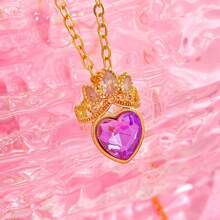 1pc Girl Pink Crown & Heart Pendant Necklace - Ideal Gift For Birthday