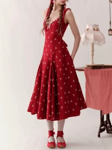 Women's Butterfly Print Contrast Lace Hem Flared Cami Dress - Red - View 1