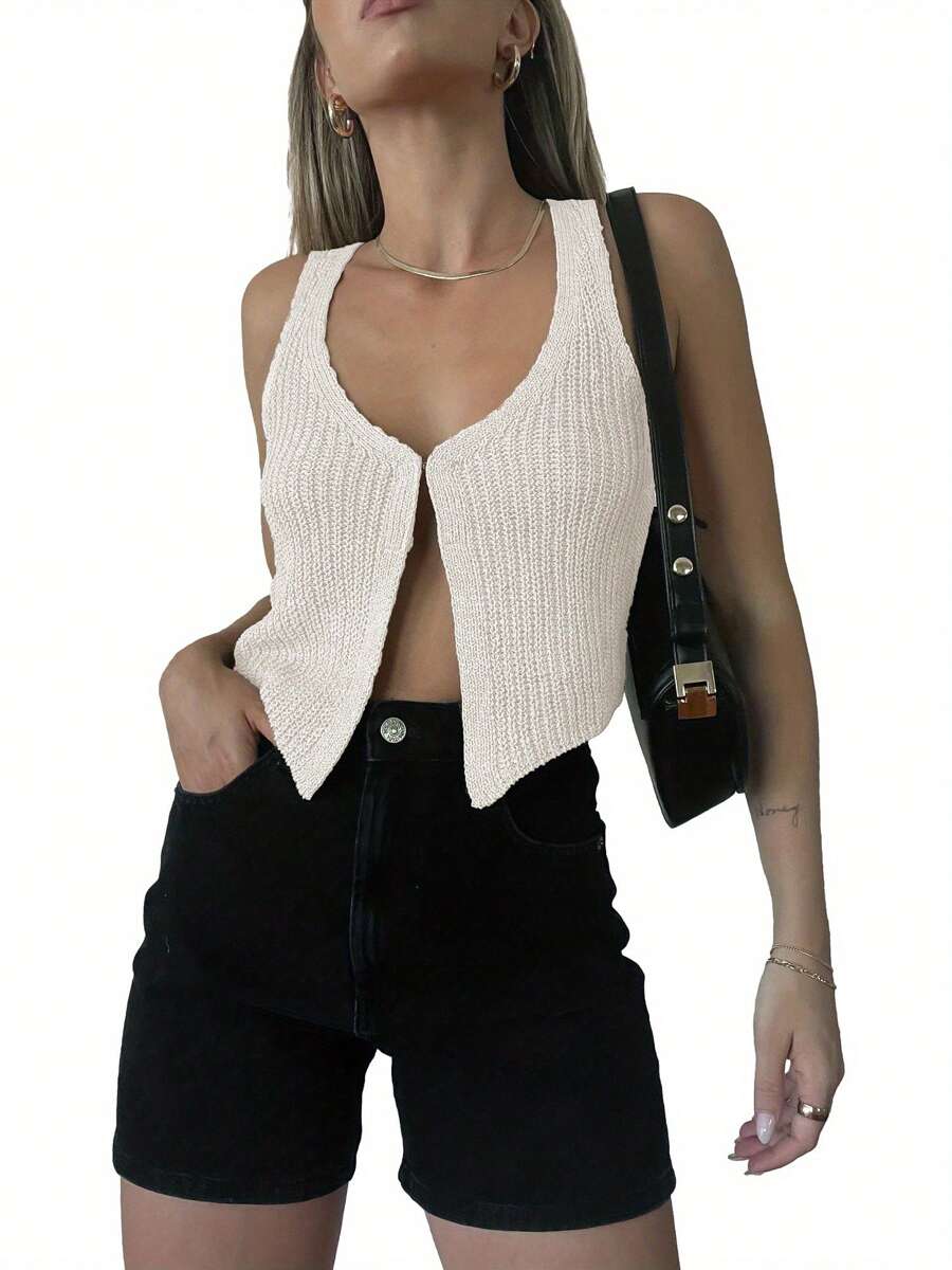 Women Crop Vest Tops Sleeveless Solid Color Casual Party Street Spring Fall Summer Waistcoat - Beige - View 1