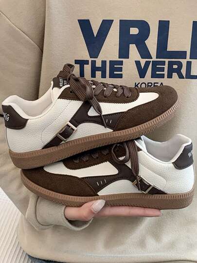 女士户外休闲运动鞋，金属扣装饰，人造革，系带，舒适时尚，2024年秋季新款