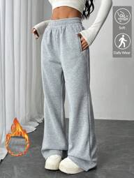 Damen Lässig einfarbige Hose mit elastischem Bund und Taschen, weite Passform, Hellgrau Damen Sweathose, geeignet für Straße, Alltag, Valentinstag, Neujahr, bequeme Streetwear