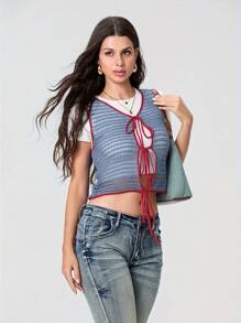 Women Crochet Cutout Tank Tops Casual Summer Tie Front Basic Vest Sleeveless Shirt Aesthetic Clothes For Streetwear
