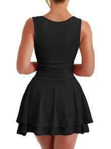Women's Square Neck Ruffle Hem Mini Dress Ruched Waist Short Party Dresses