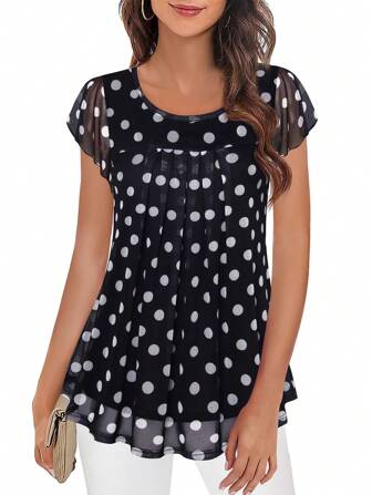 CheersLife Women's Short Sleeve Tunic Shirt Pleated Mesh Blouses Summer Floral Tops