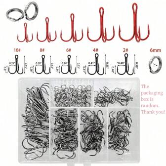 Fishing Treble Hooks Kit, Red And Black Treble Hooks Sharp Round Bend High Carbon Steel Fishing Hooks Strong Barbed Hooks With Stainless Steel Split Rings, For Lures Baits Fishing Hook Set 2# 4# 6# 8# 10# For Freshwater Saltwater