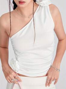 Women Y2K Solid Color Tank Tops Summer One Shoulder Sleeveless 3D Rosette Ruched Tops - White - View 5