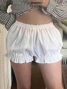 Women's Summer Casual Bloomer Shorts Solid Color Elastic Band Ruched Beach Streetwear Shorts - trắng - Xem 7