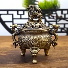 1 件复古麒麟双龙香炉，古董金属香座带盖和神兽雕像，优雅的桌面香薰炉，适合家居装饰，传统中国香炉，适用于节日场合 - 彩色 - 查看 3