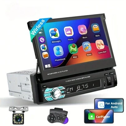Single Din Car Stereo With Carplay Android Auto, 7 Inch Flip Out Touchscreen Single Car Radio With Mirror Link, FM, SWC With 12LED Backup Camera