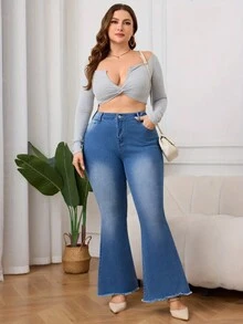 Jeans mit hoher Taille und weitem Bein in Große Größen für Frauen, lange Slim Fit Jeans mit Stretch für Mütter