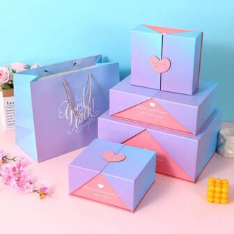 1 Set (Gift Bag + Magnetic Double-Open Box + Greeting Card + Raffia) Ombre Heart Design Valentine's Day Gift Box, Romantic Unboxing Moment! Suitable For Wedding Favor Boxes, Valentine's Day Gifts, Birthday Gifts, Etc.