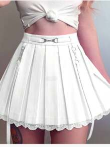 Women Girl High Waist Pleated Skirt School Uniform Tennis Skirts With Lining Shorts - 白色 - 查看 1