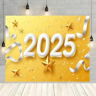 Tela del fondo para fiesta de Año Nuevo Feliz 2025 - Números blancos y dorados sobre fondo amarillo, bandera de fibra de poliéster duradera, apropiada para cabinas de fotos, cumpleaños, aniversarios, etc. - Decoración multifuncional para interiores y exteriores, regalo para fiestas