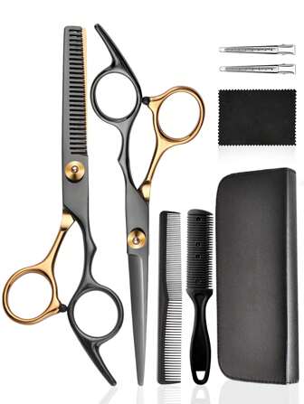 8 件套理发剪刀套装，专业理发剪刀套装，含打薄剪、理发剪、美发修剪剪、沙龙剪发剪，男女宠物适用（黑金）